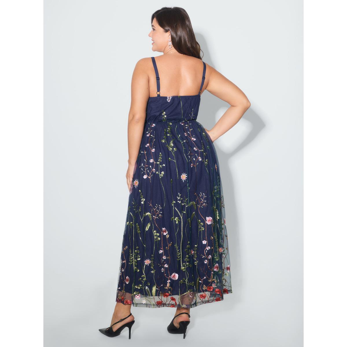 Plus Size U Neck Floral Embroidered Mesh Cami Dress DarkBlue Women Formal Embroidered U-neck Sleeveless Curvy BloomChic 14-16/1X Product Image