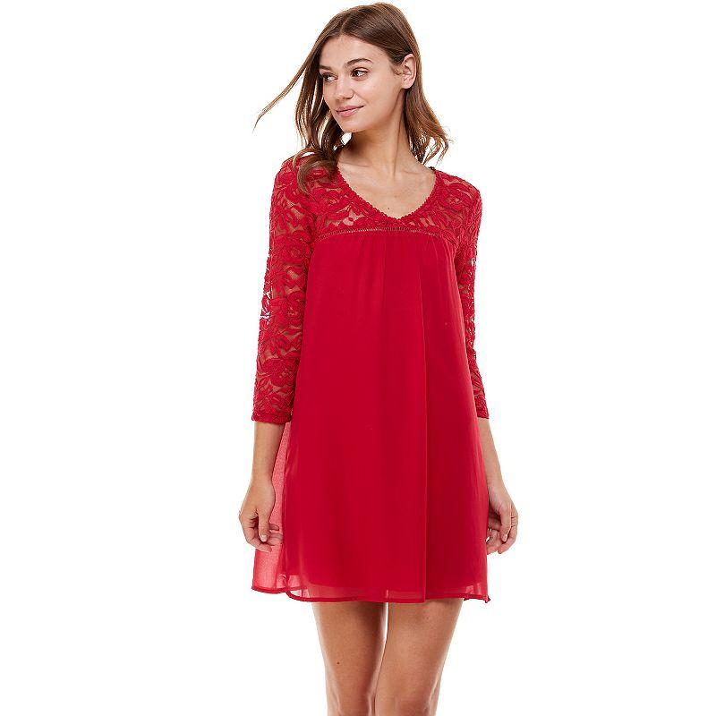 Juniors As U Wish Lace-Sleeve Shift Dress, Womens Red Product Image