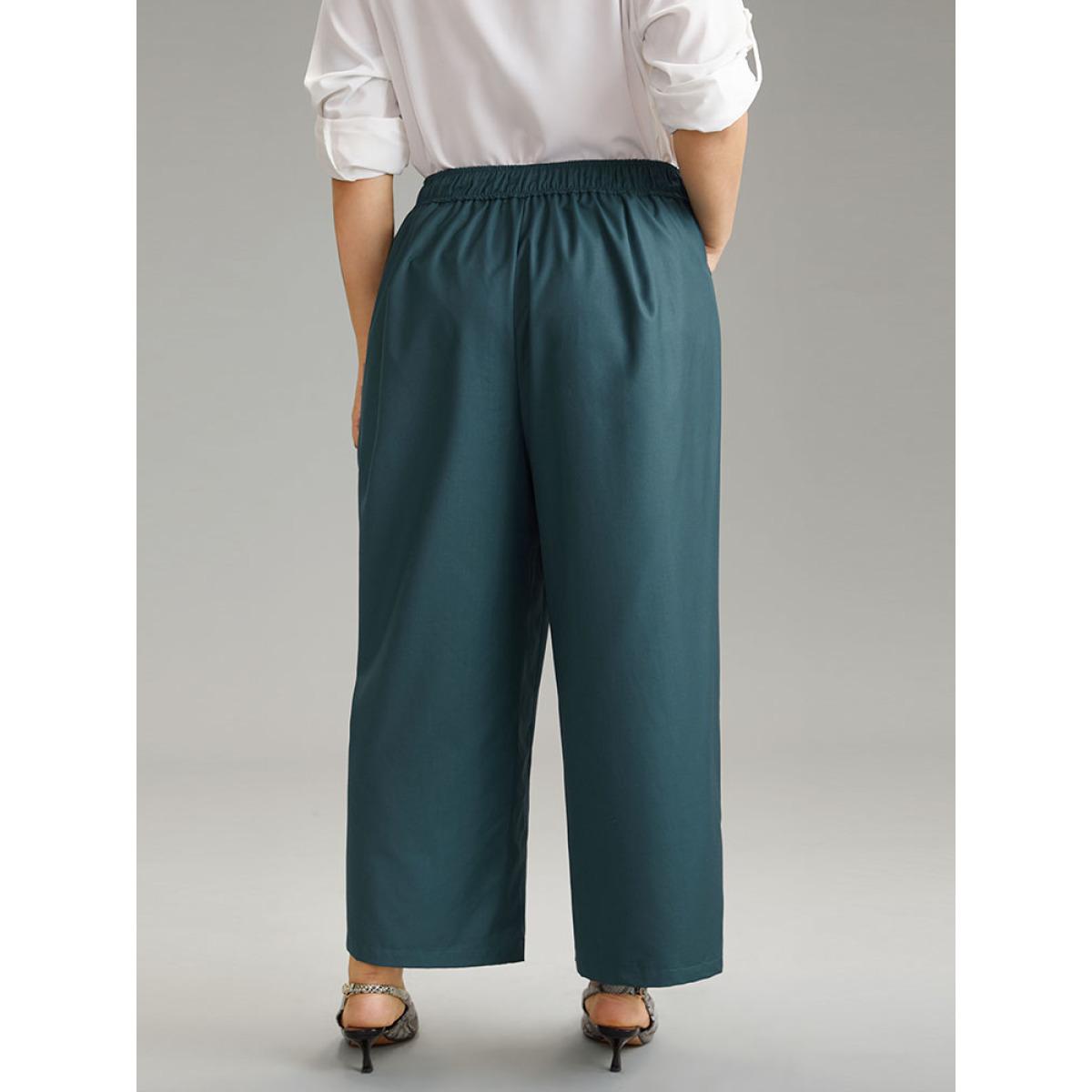 Plus Size Elastic Waist Solid Pocket Straight Leg Pants Women Cyan Office Straight Leg High Rise Dailywear Pants BloomChic 14-16/1X Product Image