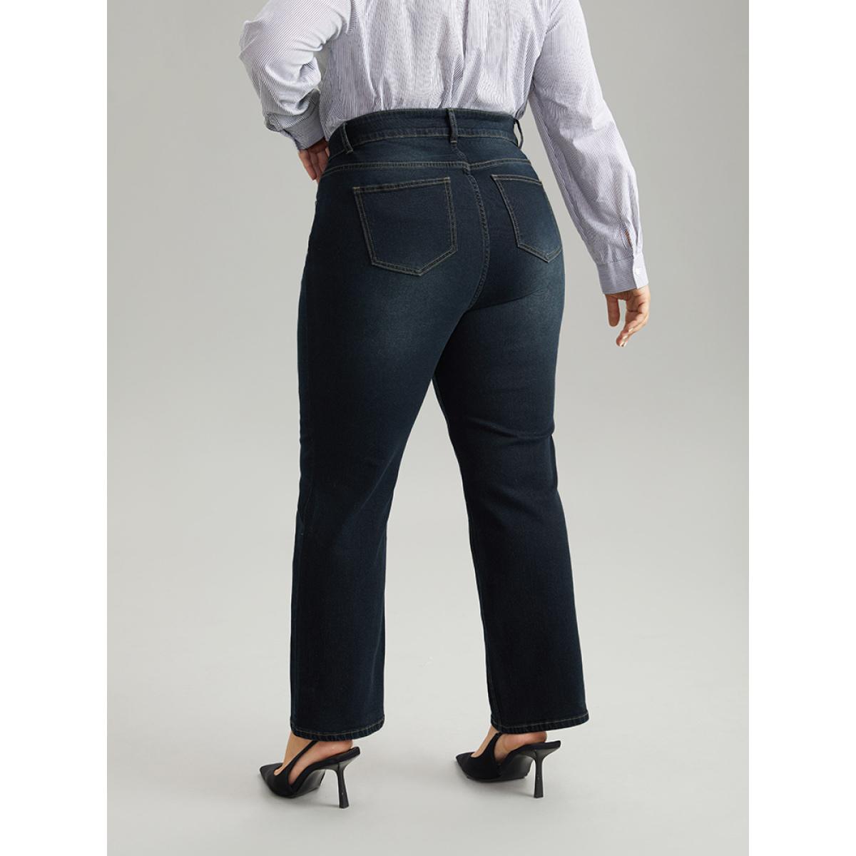 Plus Size Dark Wash Zipper Fly Straight Leg Jeans Women Midnight Casual Plain Plain High stretch Pocket Jeans BloomChic 12/L Product Image