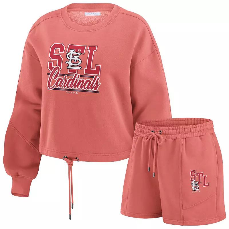 Women's WEAR by Erin Andrews Navy Tennessee Titans Washed Fleece Long Sleeve T-Shirt & Shorts Lounge Set,  Product Image