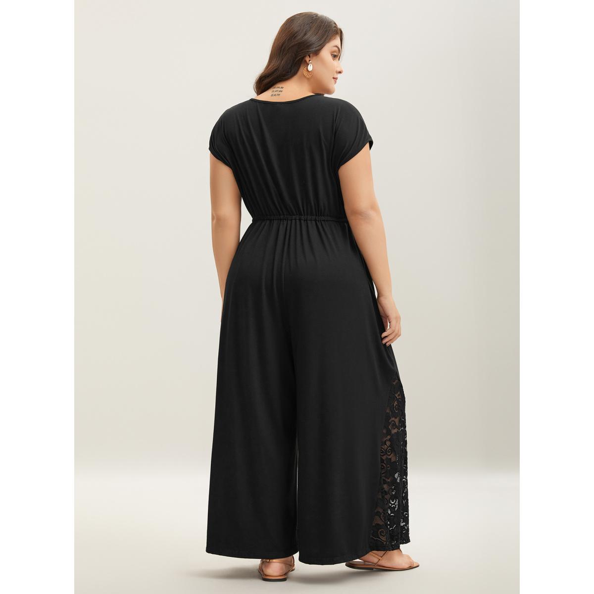 Plus Size Black Very Stretchy Lace Waist-Tie Jumpsuit Women Boho Cap Sleeve V-neck Vacation Loose Jumpsuits BloomChic 12/L Product Image