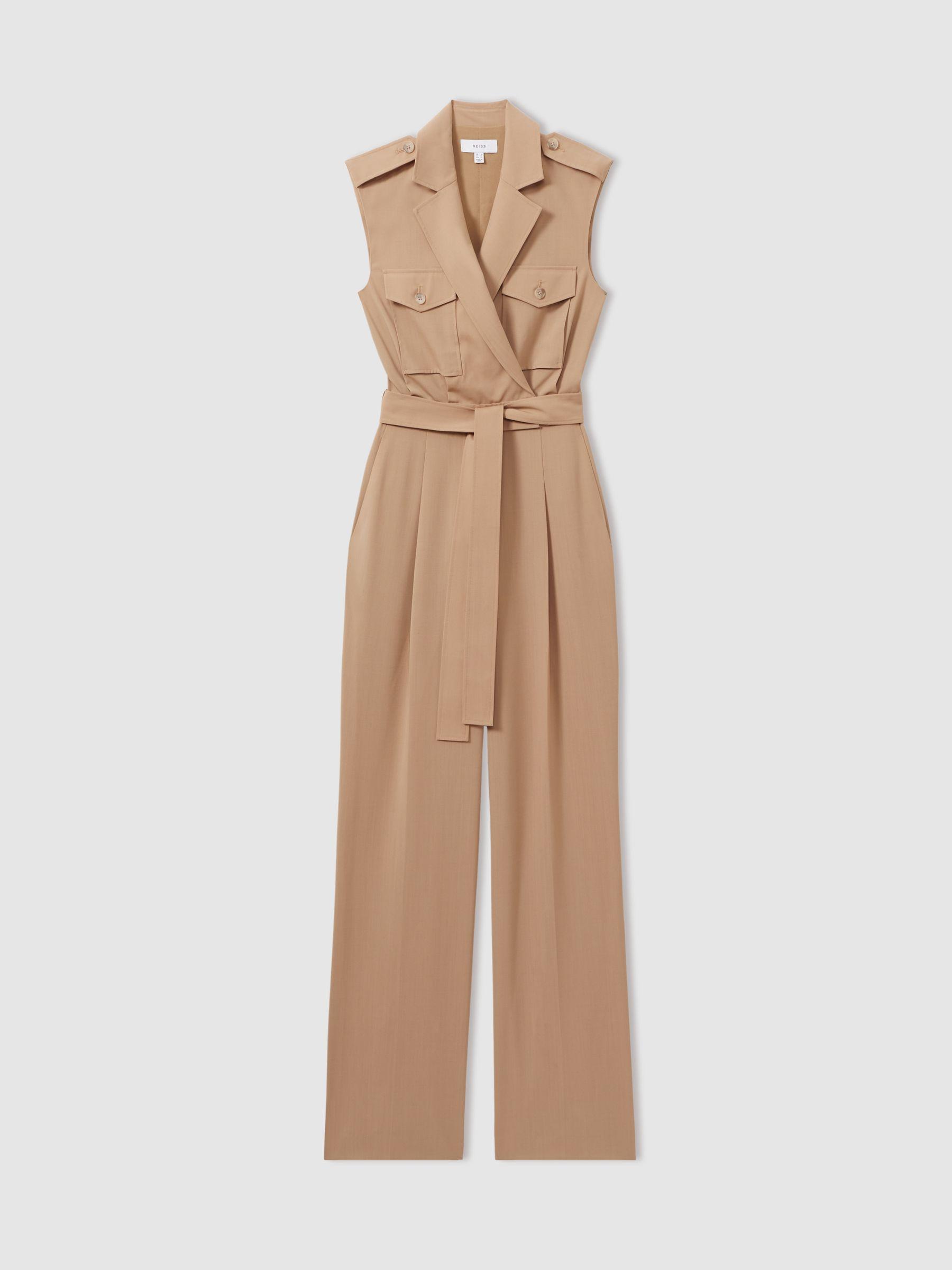 Wool Blend Double Breasted Belted Jumpsuit in Stone Product Image