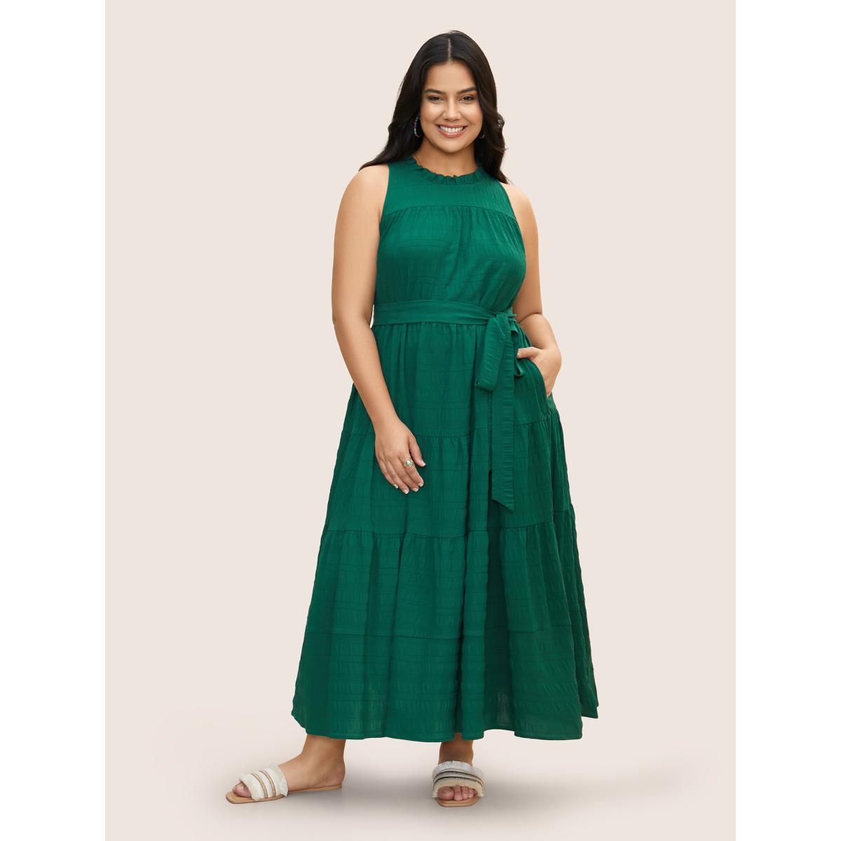 Plus Size Plain Textured A-line Frill Trim Dress Emerald Women Resort Texture Mock Neck Sleeveless Curvy BloomChic 18-20/2X Product Image