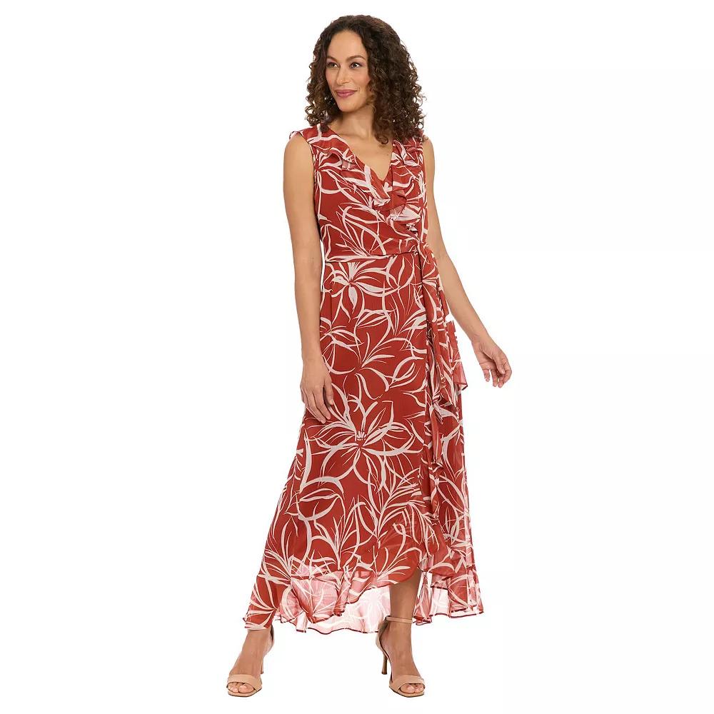 Women's London Times Ruffled Chiffon Maxi Dress, Size: 6, Brown White Product Image