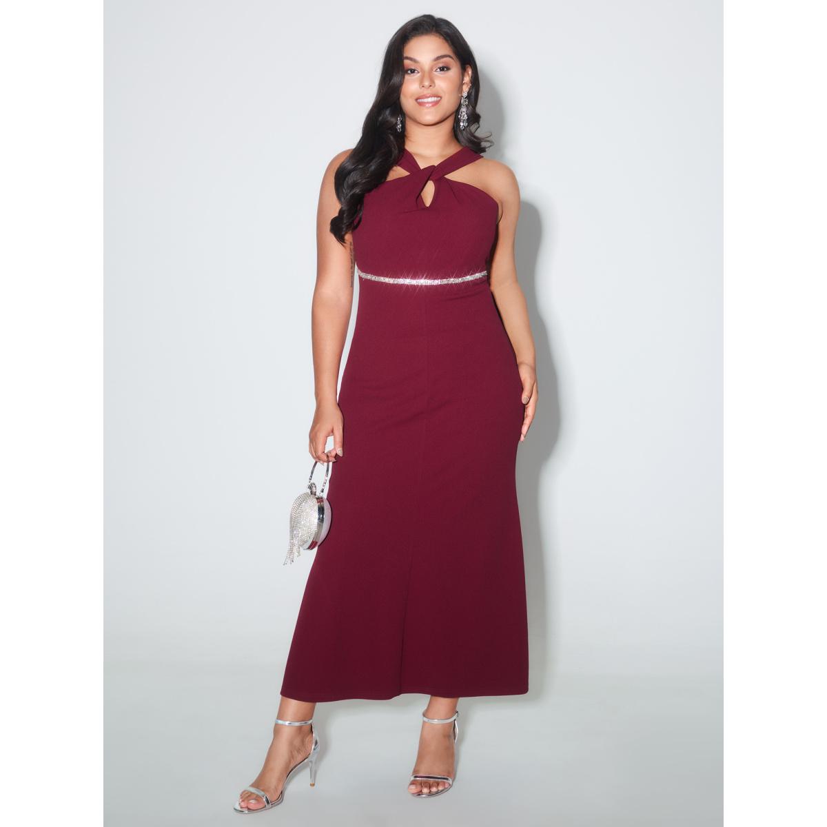 Plus Size Elegant Cross-Front Neckline Sequin Midi Dress Burgundy Women Formal Asymmetrical Neck Sleeveless Curvy BloomChic 10/M Product Image