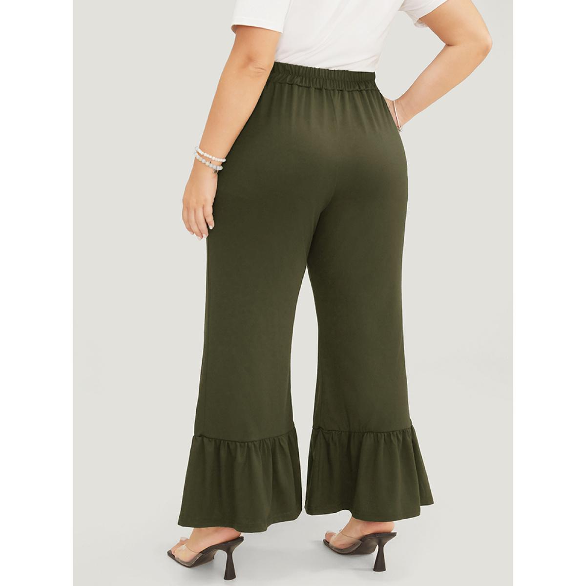Plus Size Solid Pocket Elastic Waist Flare Leg Pants Women ArmyGreen Casual Mid Rise Dailywear Pants BloomChic 28/5X Product Image