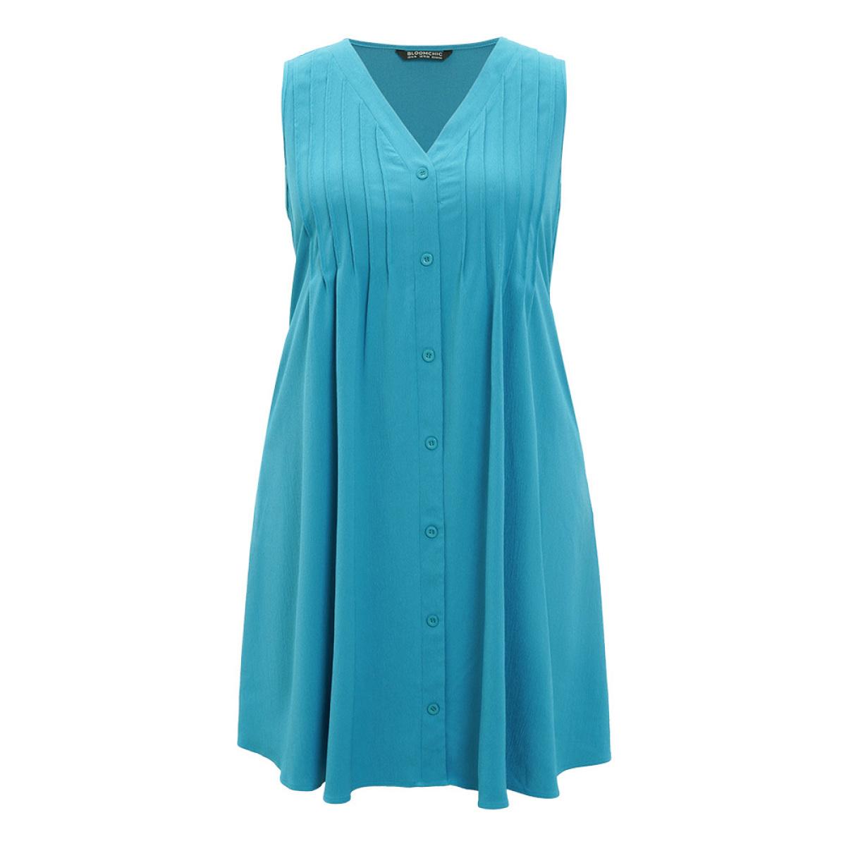 Plus Size Solid Plicated Detail Button Through Tank Dress Cerulean Women Vacation Button V-neck Sleeveless Curvy Knee Dress BloomChic 12/L Product Image