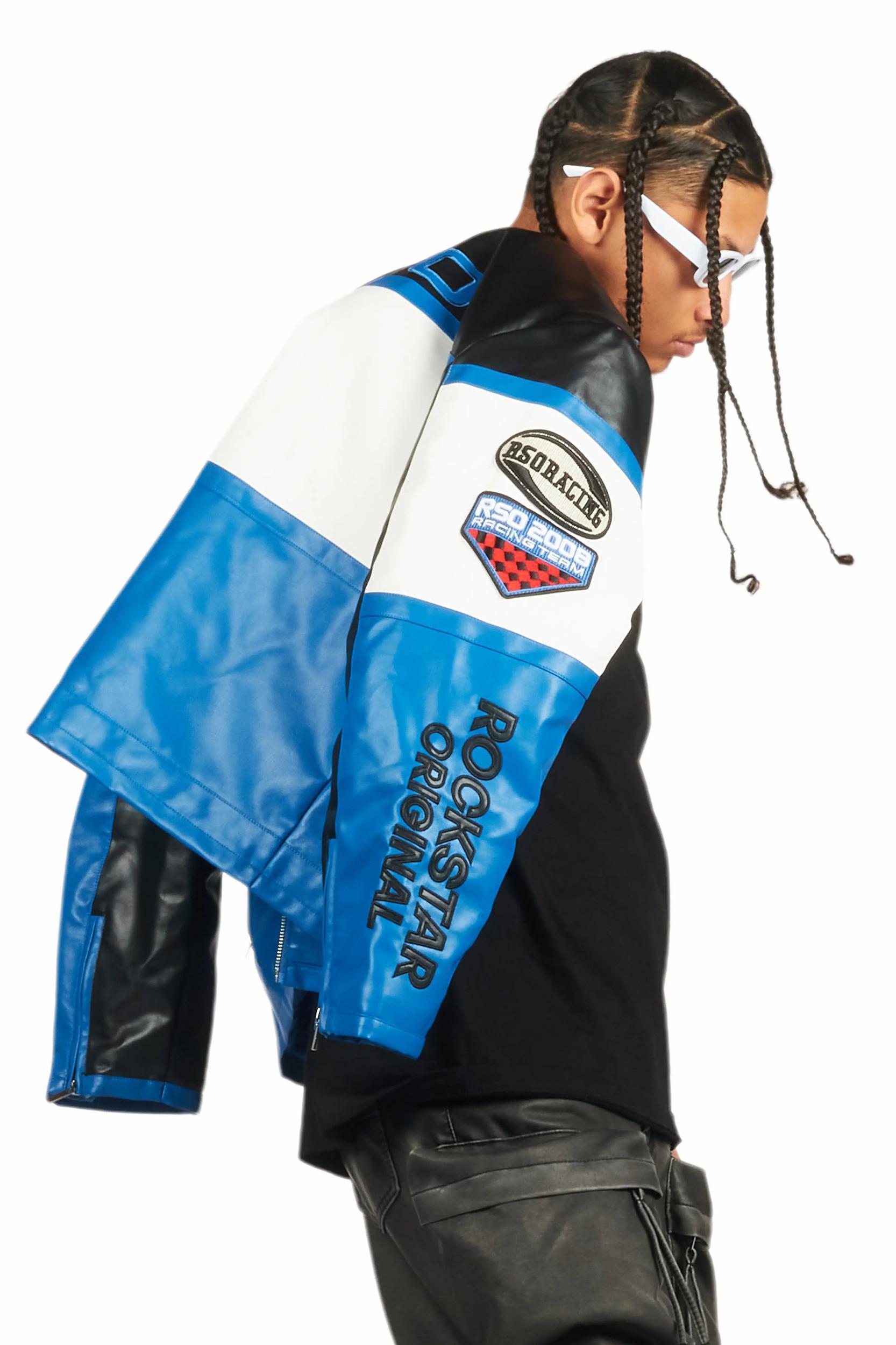 Balint Black/Blue Leather Moto Jacket Male Product Image