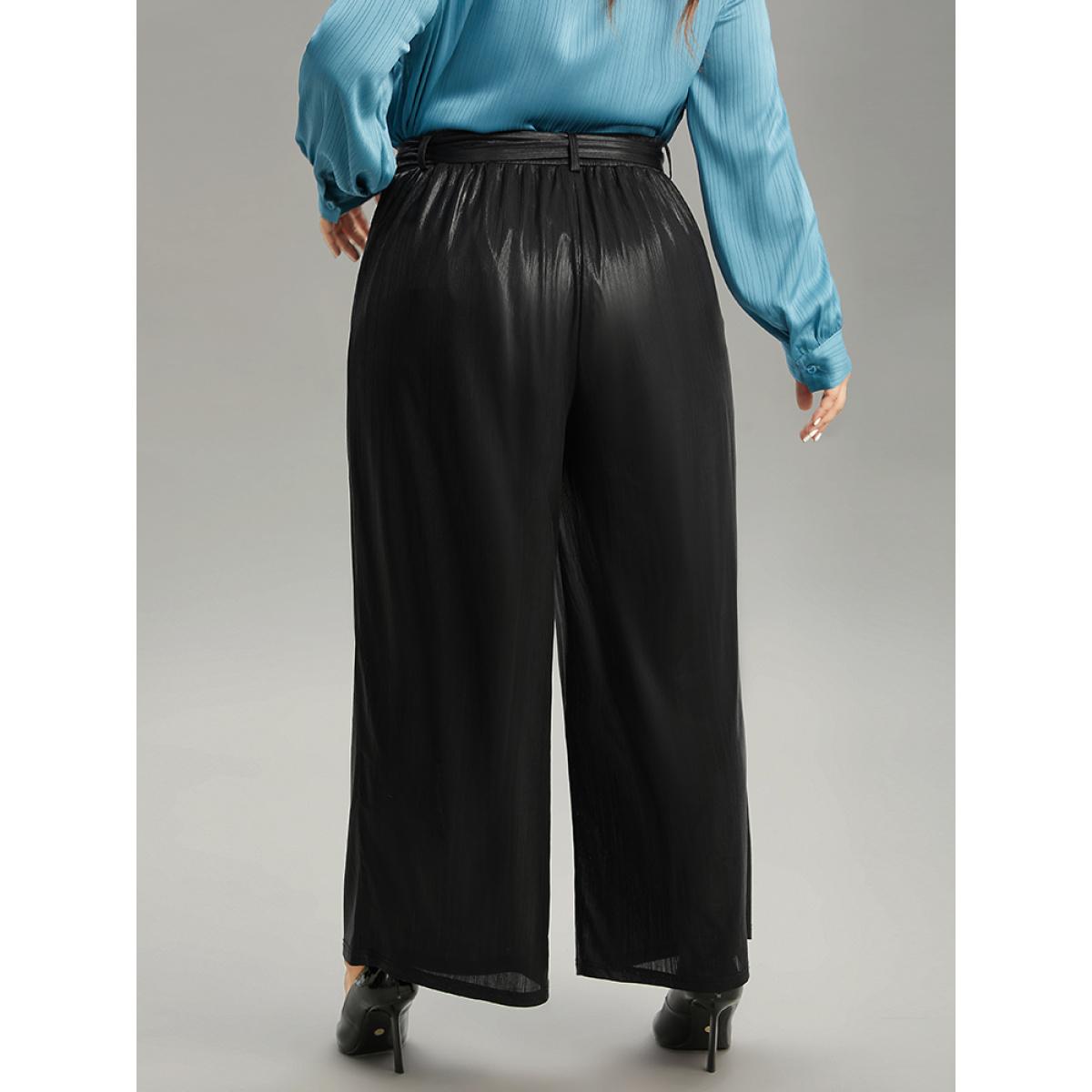 Plus Size Plain Texture Belted High Rise Wide Leg Pants Women Black Glamour Wide Leg High Rise Party Pants BloomChic 26/4X Product Image