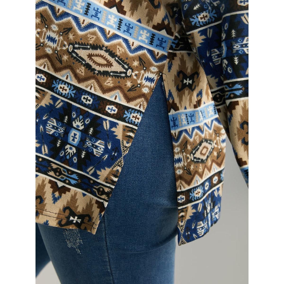 Plus Size Bandana Print Turtleneck Split Hem T-shirt Indigo Women Casual Printed Bohemian Print Turtleneck Dailywear T-shirts BloomChic 14-16/1X Product Image