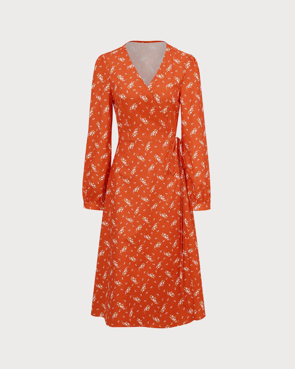 Orange Floral Wrap Midi Dress Product Image
