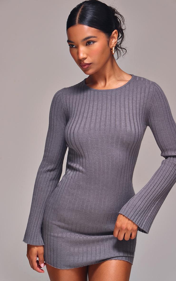 Ash Grey Ribbed Knit Mini Dress Product Image