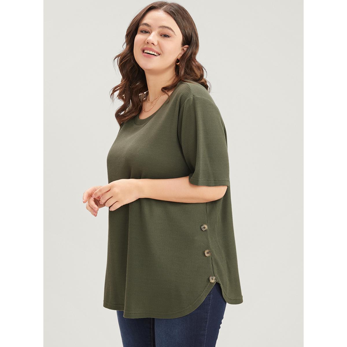 Plus Size Plain Round Neck Button Detail Waffle Knit Tee ArmyGreen Women Casual Button Plain Round Neck Dailywear T-shirts BloomChic 14-16/1X Product Image