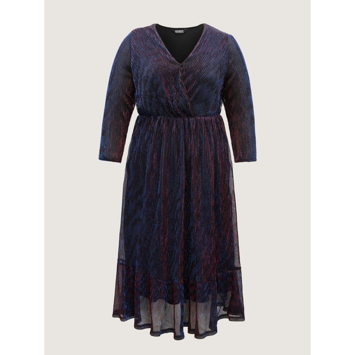 Plus Size Luxe Mesh Pleated Elastic Waist Wrap Dress Blackcurrant Women Party&Cocktail Texture Overlap Collar Elbow-length sleeve Curvy Midi Dress BloomChic 12/L Product Image