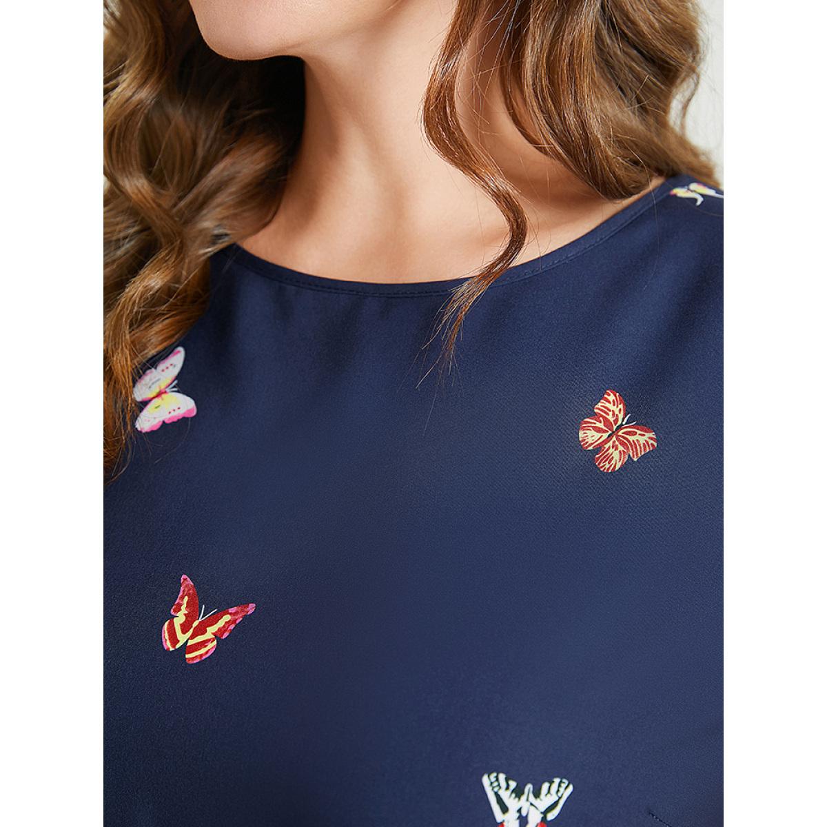 Plus Size Butterfly & Floral Round Neck Print Pocket Knee Dress Indigo Women Vacation Pocket Round Neck Short sleeve Curvy Knee Dress BloomChic 22-24/3X Product Image