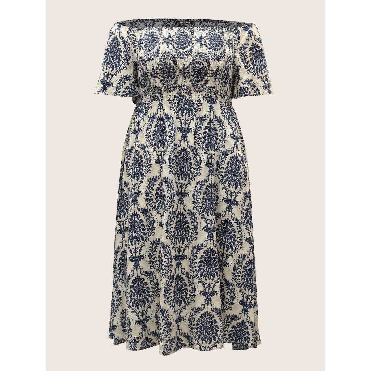 Plus Size Bandana Print Shirred Off Shoulder Dress DarkBlue Women Resort Non One-shoulder neck Short sleeve Curvy Midi Dress BloomChic 18-20/2X Product Image