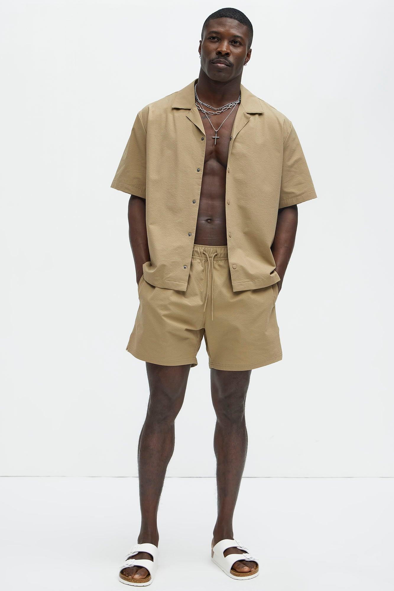 Seersucker Swim Mid Trunk - Khaki Product Image