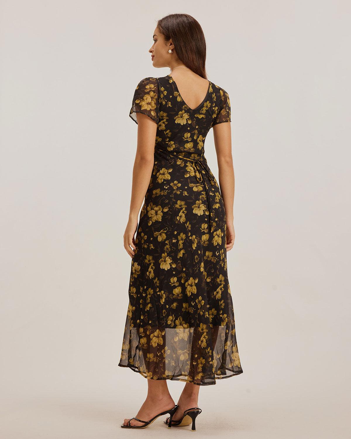 Black Floral Chiffon V Neck Maxi Dress Product Image