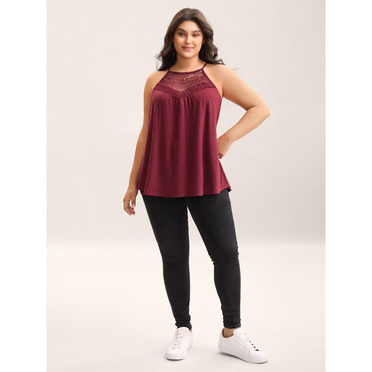 Plus Size Lace Cut-Out Pleated Tank Top Women Deepred Leisure Woven ribbon&lace trim Halter neck Casual Tank Tops Camis BloomChic 12/L Product Image