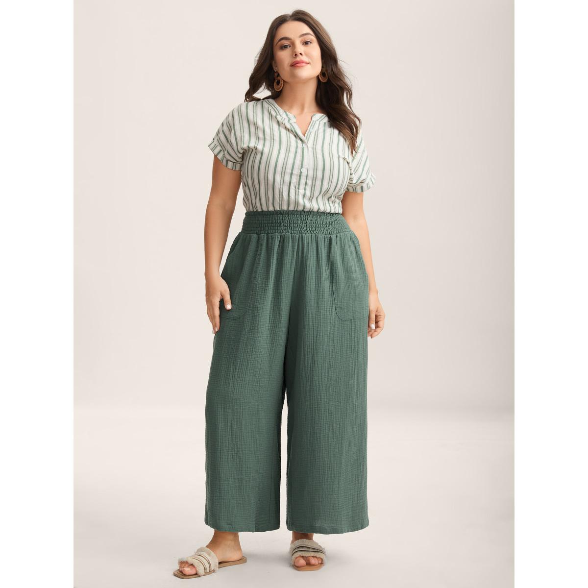 Plus Size Cotton Shirred Textured Wide-Leg Pants Women Teal Boho Wide Leg Mid Rise Vacation Pants BloomChic 26/4X Product Image