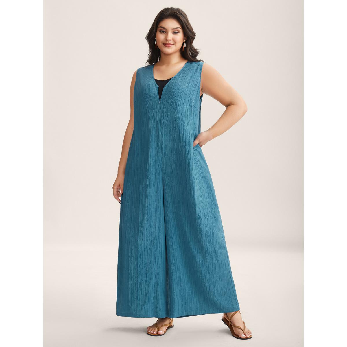 Plus Size Cerulean Back Cut-Out Textured Jumpsuit Women Boho Sleeveless V-neck Vacation Loose Jumpsuits BloomChic 26/4X Product Image