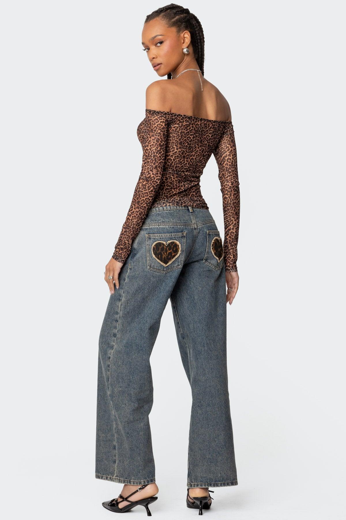 Leopard Sheer Mesh Off Shoulder Top Product Image