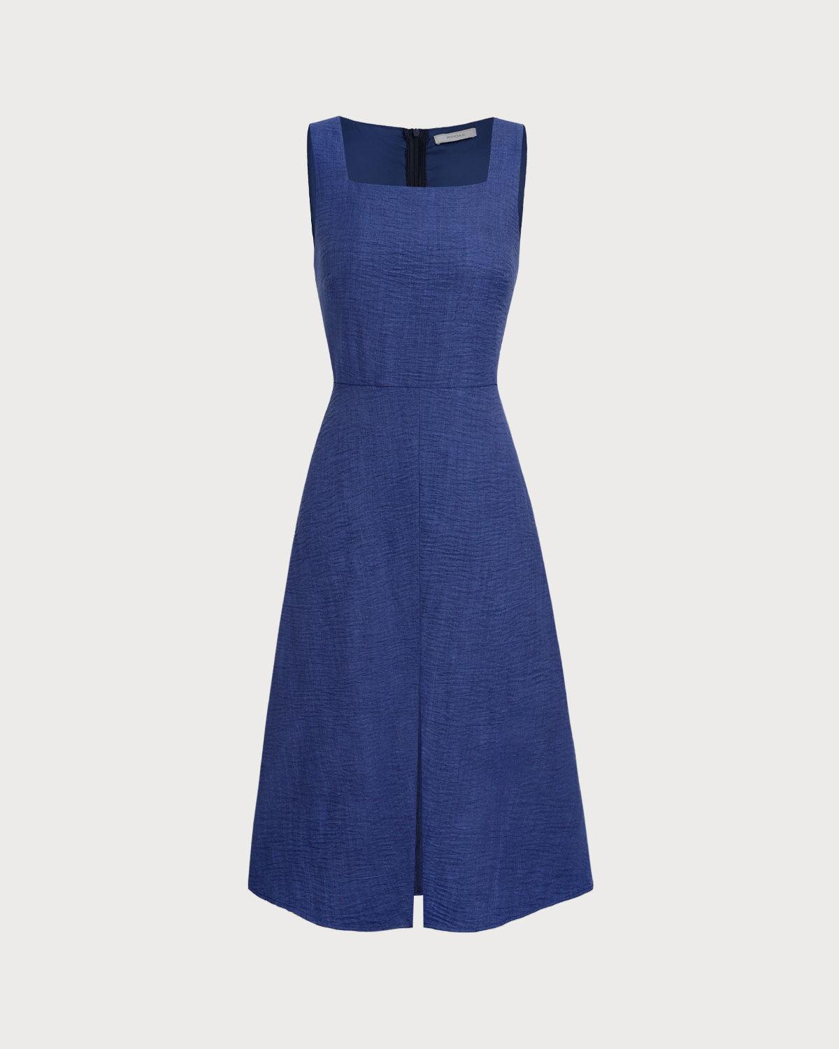 Blue Square Neck Pleated Sleeveless Midi Dress Product Image