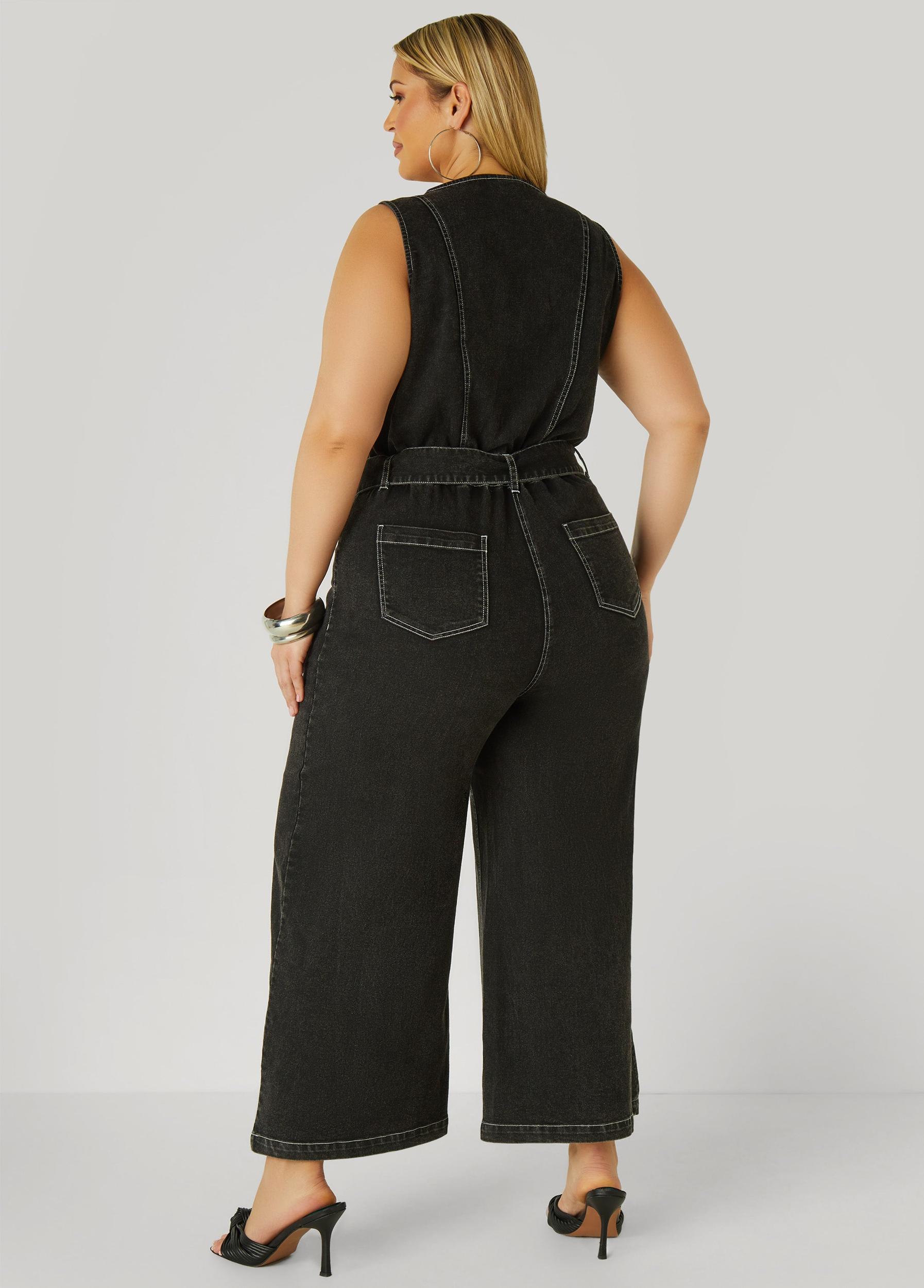 Belted Denim Wide Leg Jumpsuit Product Image