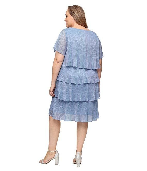Ignite Evenings Plus Size V-Neck Shimmer Tiered Short Sleeve Dress Product Image