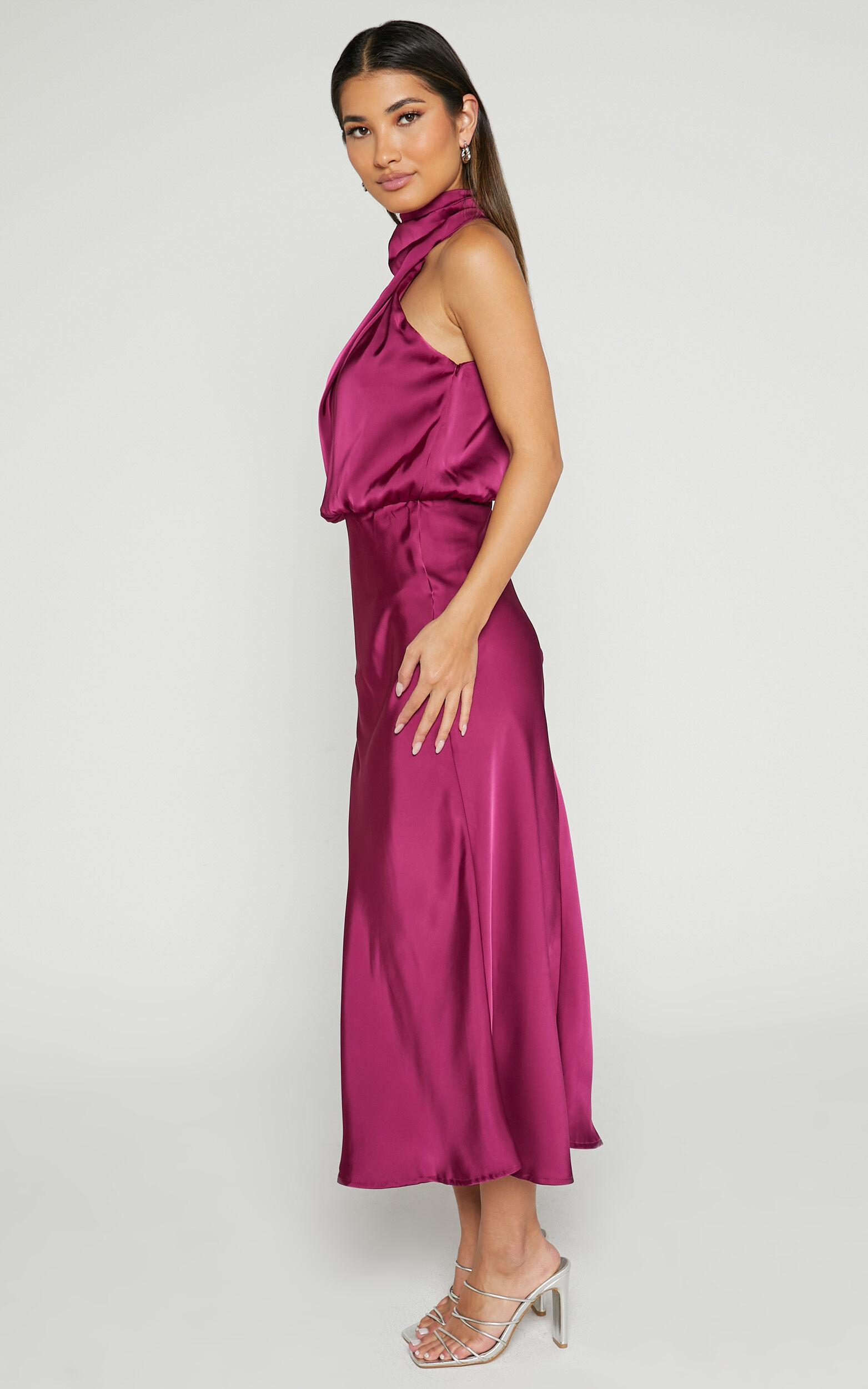 Minnie Midi Dress - Drape Neck Satin Slip Dress in Purple Product Image