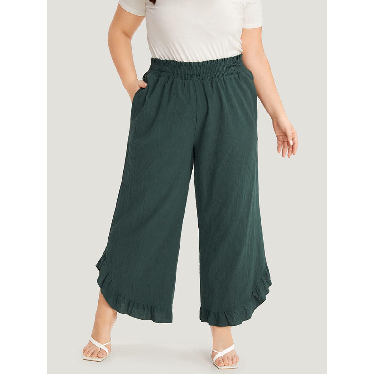 Plus Size Solid Ruffle Trim Pocket Paperbag Waist Pants Women DarkGreen Elegant Wide Leg Mid Rise Dailywear Pants BloomChic 10/M Product Image