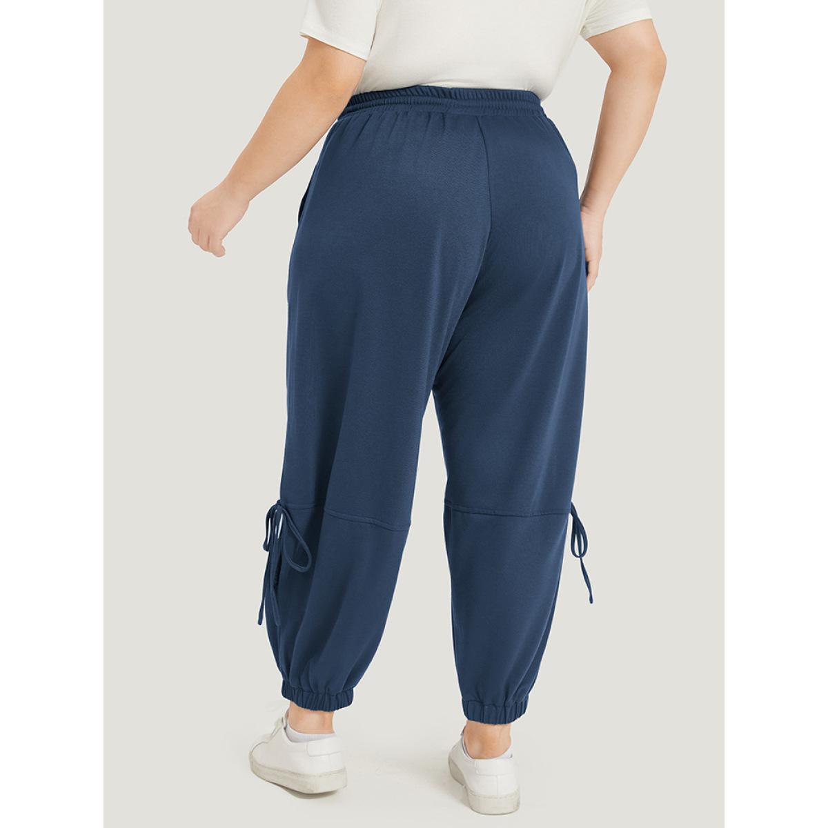 Solid Drawstring Pocket Ties Cut Out Sweatpants Aegean Plus Size Women Casual Dailywear Plain 14-16/1X Bloomchic Product Image