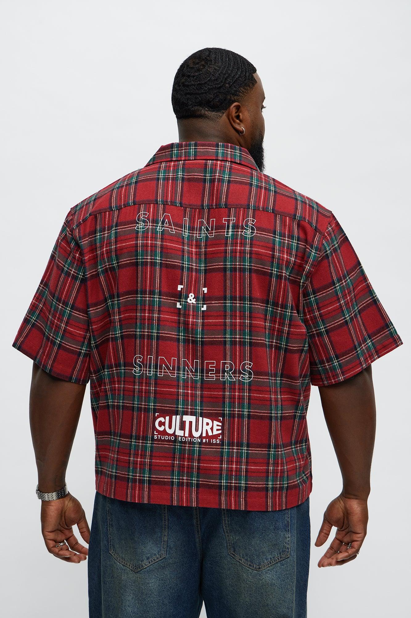 Culture Plaid Cropped Button Up Shirt - Red Male Product Image