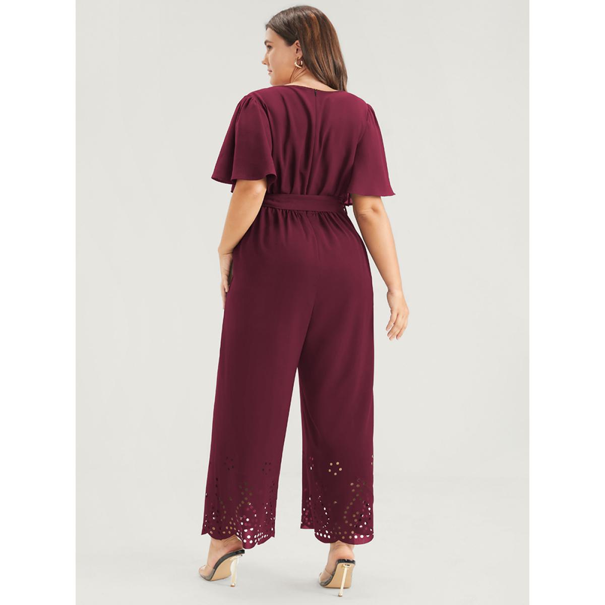 Plus Size Maroon Plain Scalloped Pocket Ruffles Button Belted Laser Cut Wrap Jumpsuit Women Elegant Short sleeve V-neck Dailywear Loose Jumpsuits BloomChic 30/6X Product Image