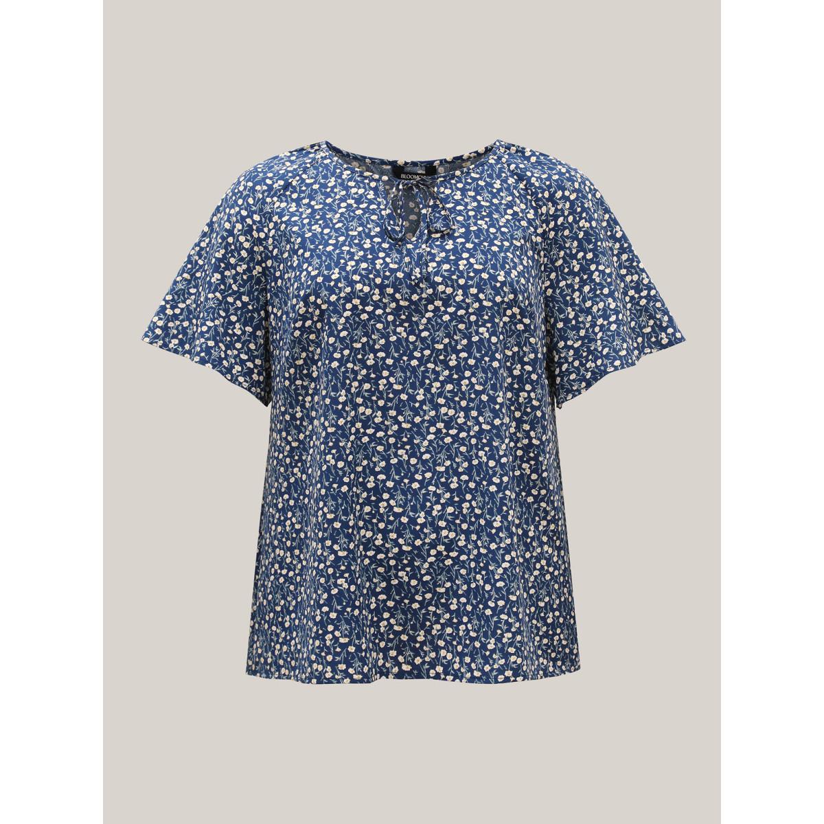 Plus Size Indigo Floral Printed Lotus Sleeve Tied Blouse Women Elegant Short sleeve V-neck Everyday Blouses BloomChic 18-20/2X Product Image