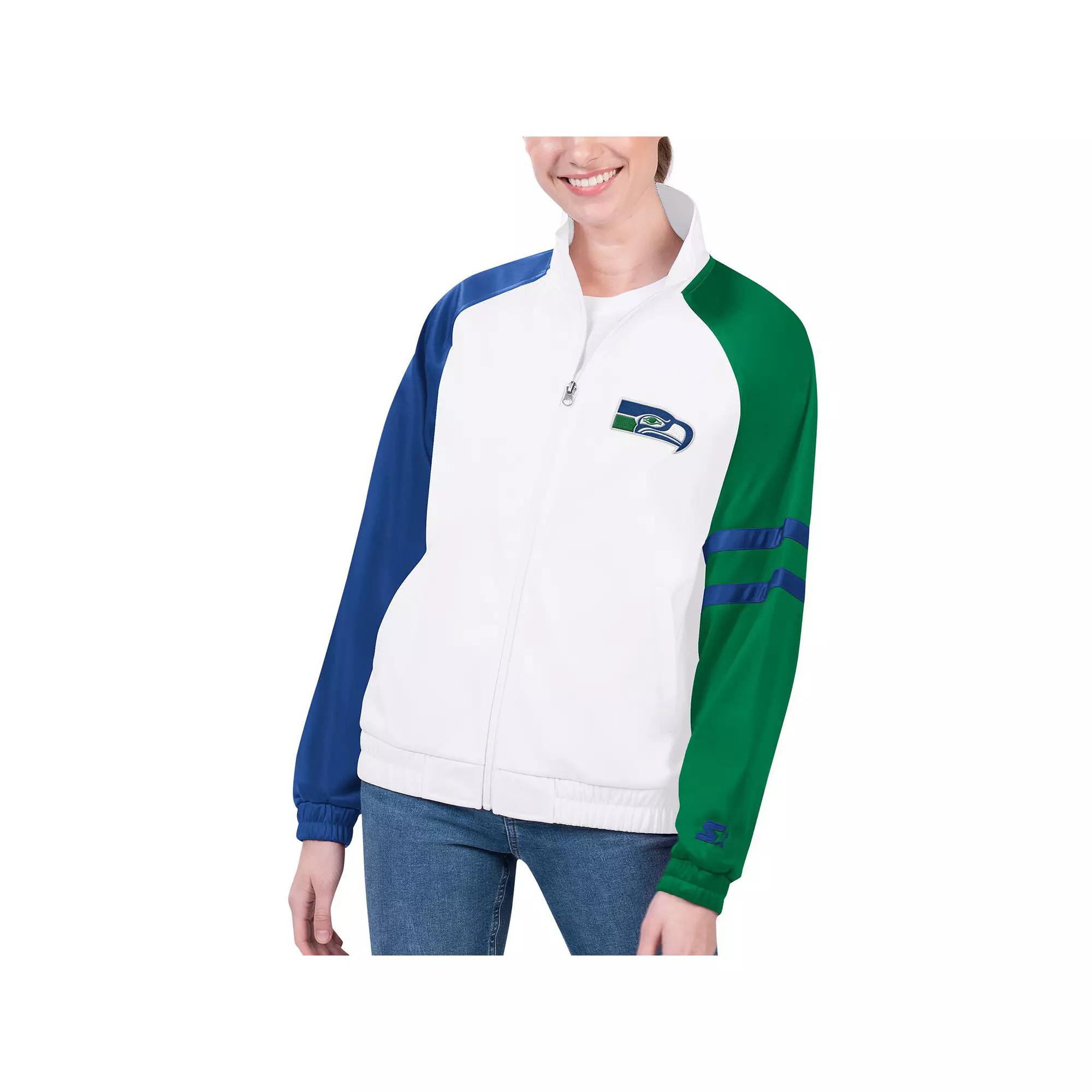 Women's Starter White Seattle Seahawks Curve Ball Raglan Full-Zip Track Jacket,  Product Image