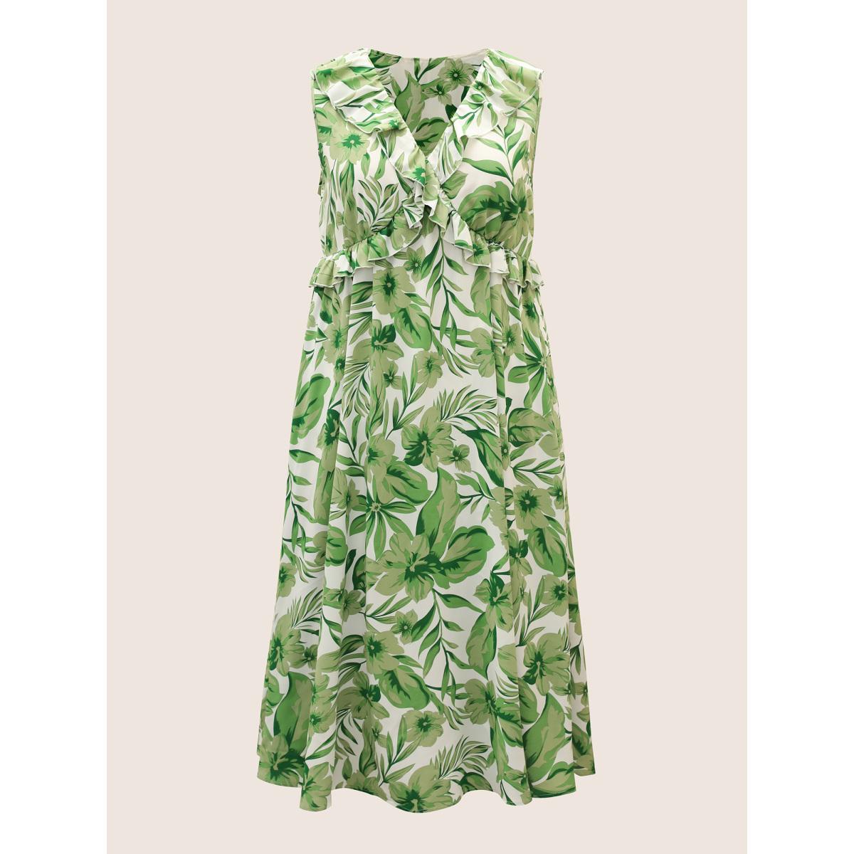 Plus Size Tropical Leafy Print Wide Collar Ruffles Dress Green Women Resort Ruffles V-neck Sleeveless Curvy BloomChic 12/L Product Image