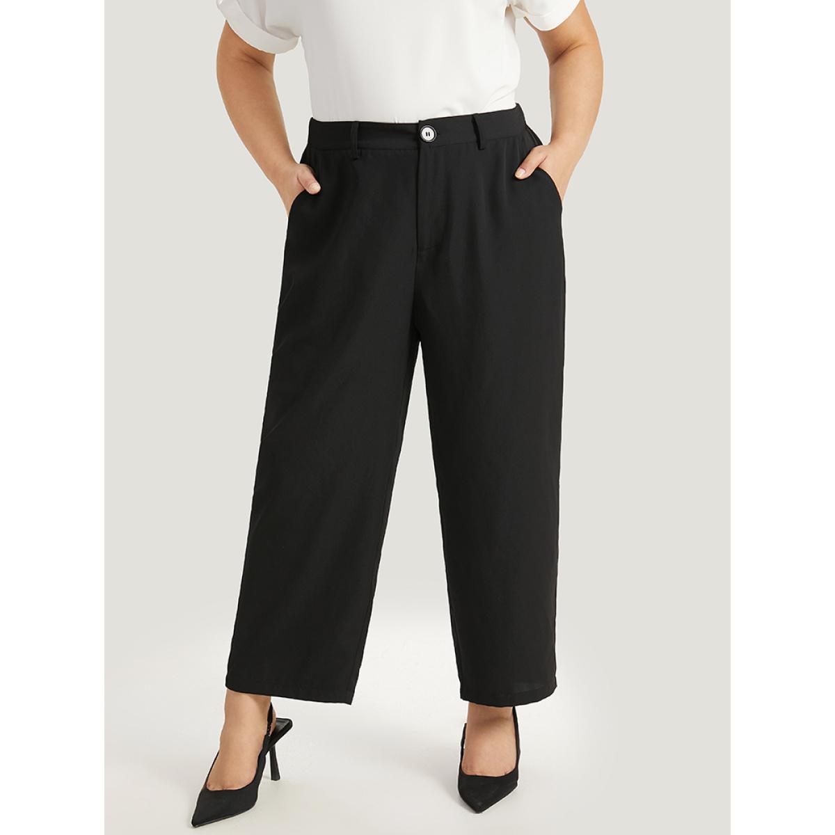 Plus Size Plain Pocket Elastic Waist High Rise Pants Women Indigo Office Straight Leg High Rise Work Pants BloomChic 12/L Product Image