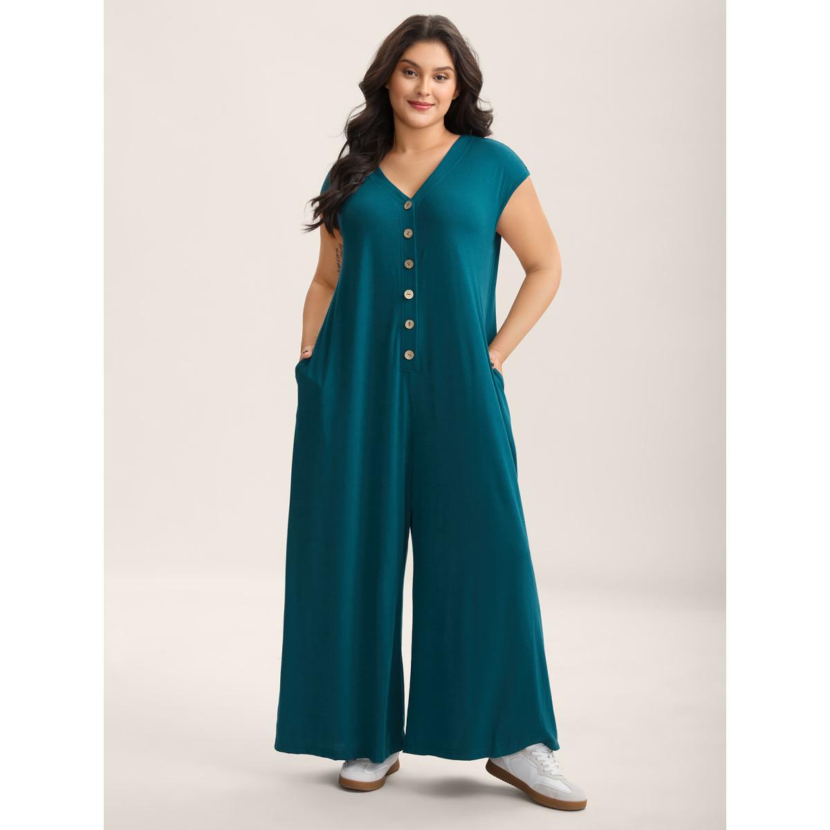 Plus Size Aegean Stretch Button Pockets Solid Jumpsuit Women Sleeveless V-neck Casual Loose Jumpsuits BloomChic 22-24/3X Product Image