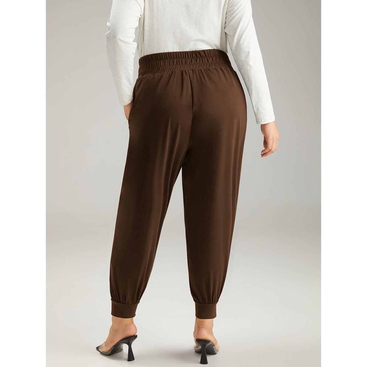 Solid Shirred Pocket Harem Sweatpants DarkBrown Plus Size Women Casual Dailywear Tummy control 12/L Bloomchic Product Image