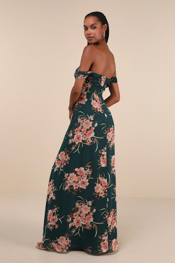 Regal Finesse Emerald Green Floral Off-the-Shoulder Maxi Dress Product Image