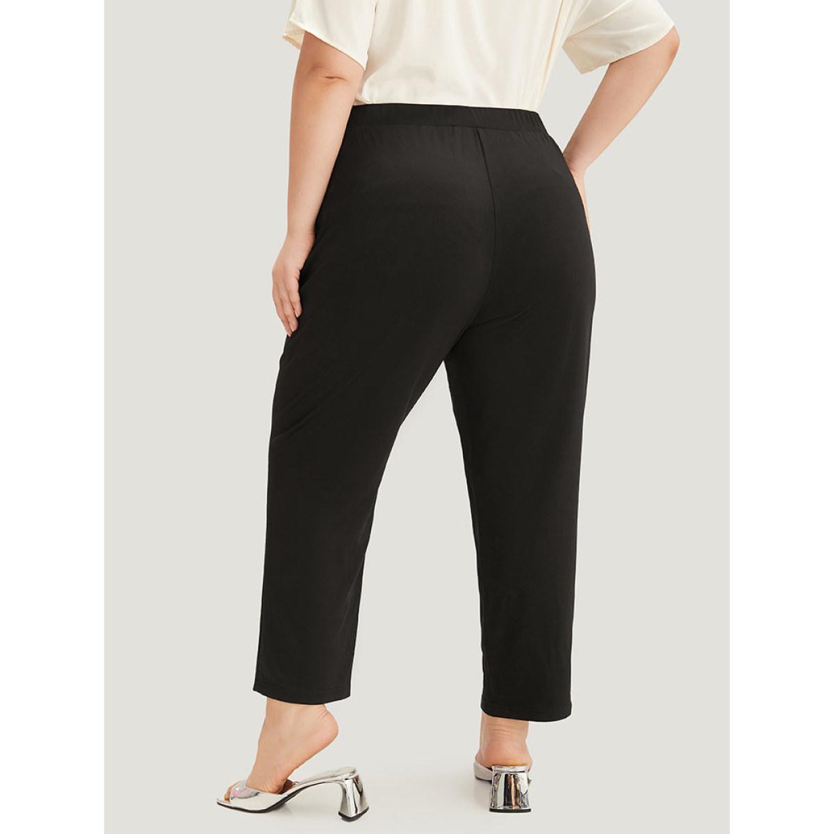Plus Size Plain Split Hem Pocket Elastic Waist Pants Women Black At the Office High Rise Office Pants BloomChic 10/M Product Image