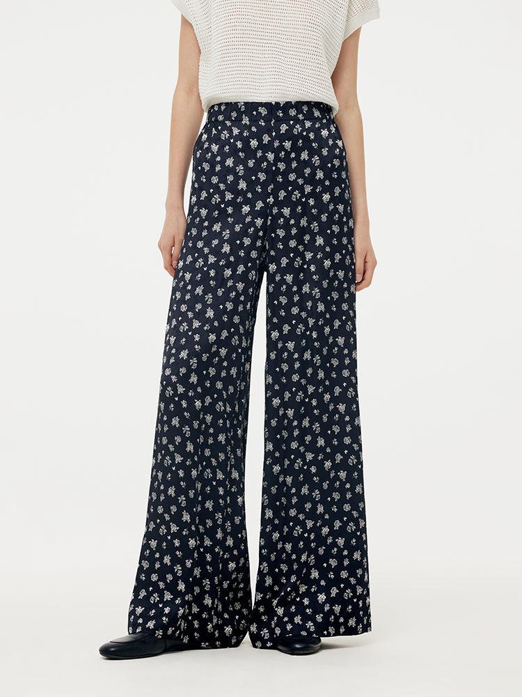 Floral Print Elastic Waist Women Wide Leg Pants With Scrunchie Product Image