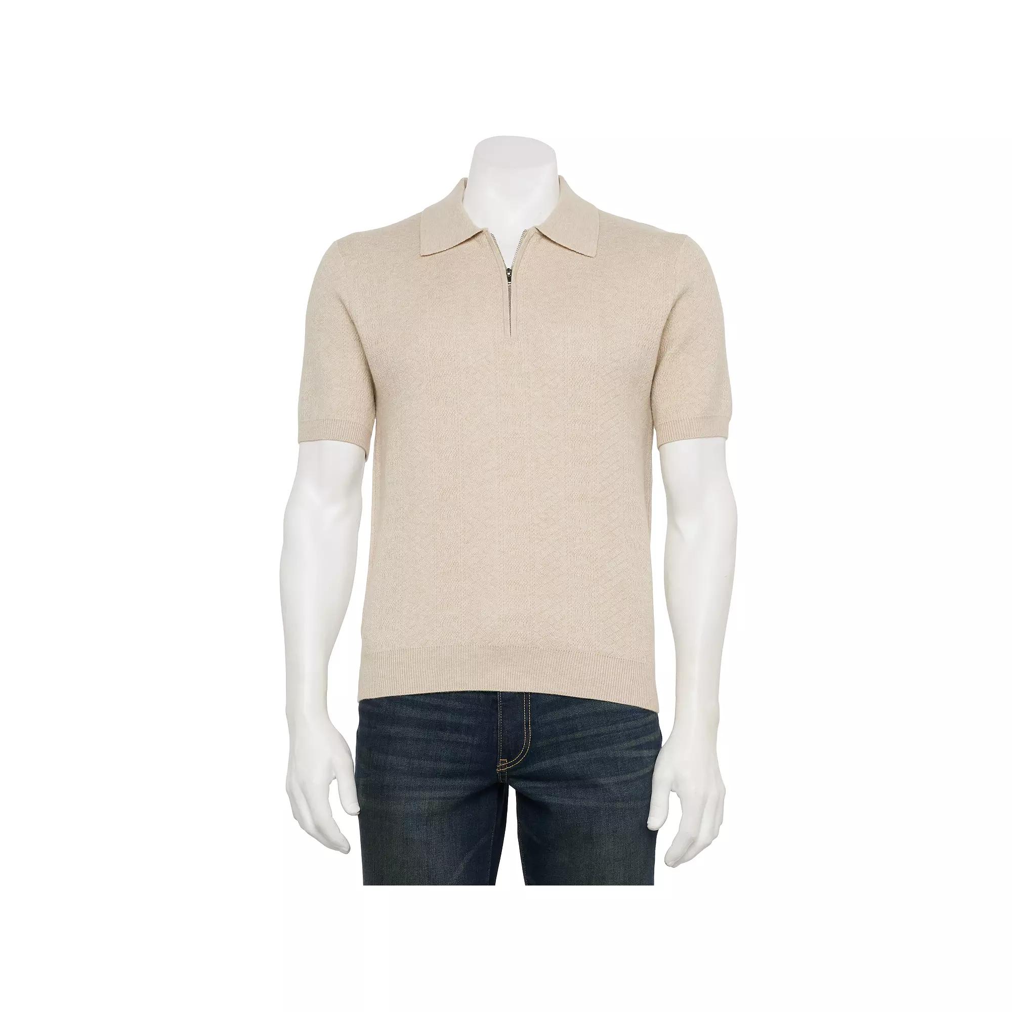 Men's For The Republic Short Sleeve Textured Zip Polo, Size: Small, Brown Product Image