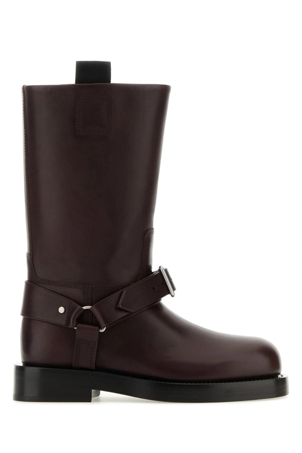 BURBERRY Women Aubergine Leather Saddle Ankle Boots In Black Product Image