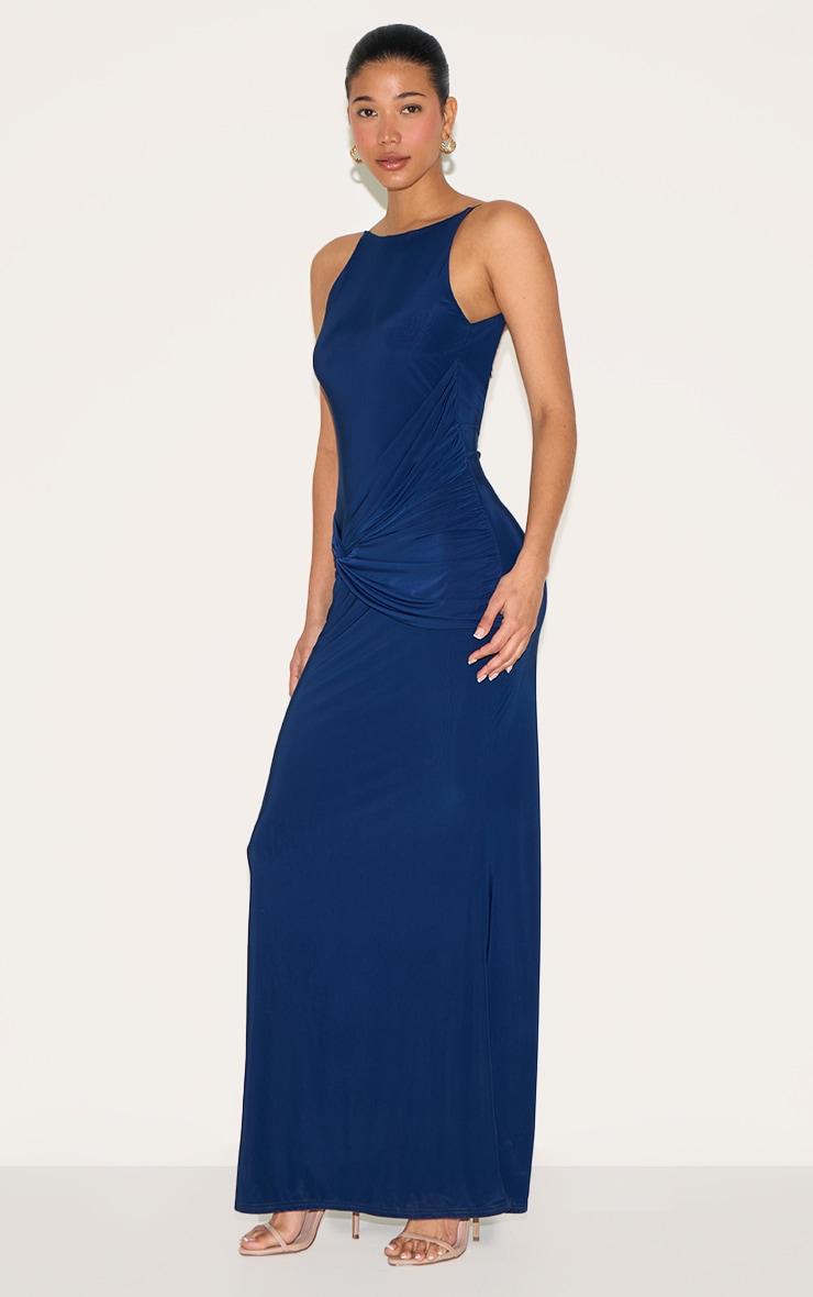 Navy Double Layer Slinky Twited Front Halter Neck Maxi Dress Product Image