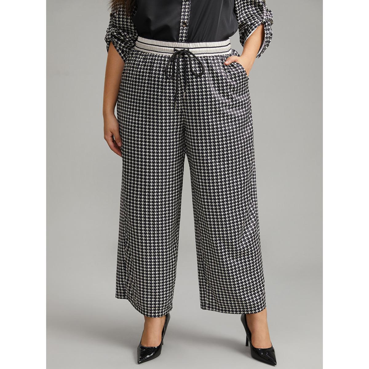 Plus Size Houndstooth Drawstring Straight Leg Pants Women Black Office Straight Leg High Rise Work Pants BloomChic 14-16/1X Product Image