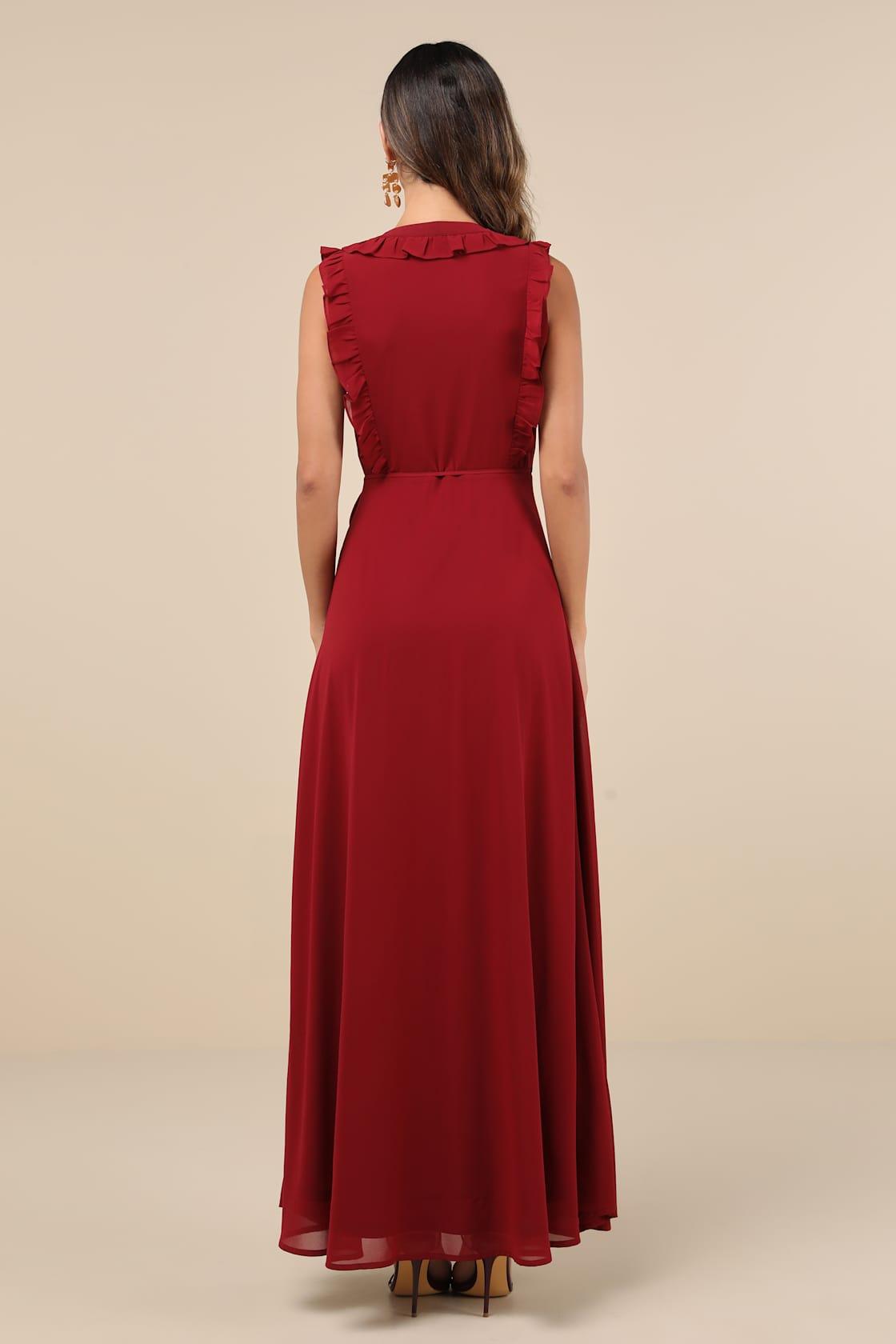 Major Elegance Wine Red Sleeveless Ruffled Wrap Maxi Dress Product Image