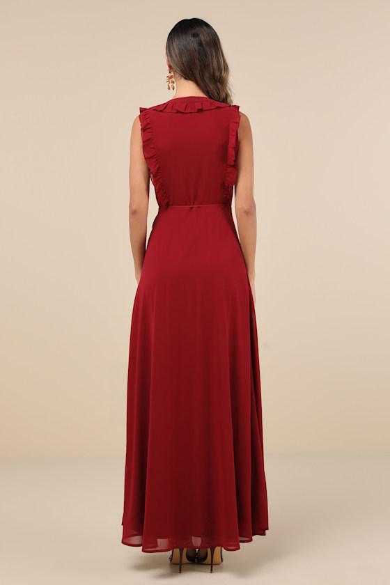 Major Elegance Wine Red Sleeveless Ruffled Wrap Maxi Dress Product Image